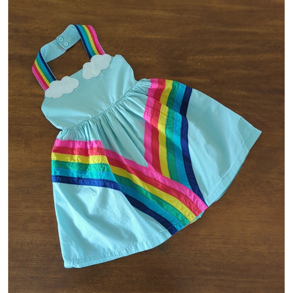 Mini Boden Girl's Blue Rainbow Applique Halter Neck Dress Blue size 5/6 EUC